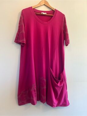 Luukaa Fuschia Lagenlook Scandi Polka Dot Midi Dress Short Sleeve Draped Pocket